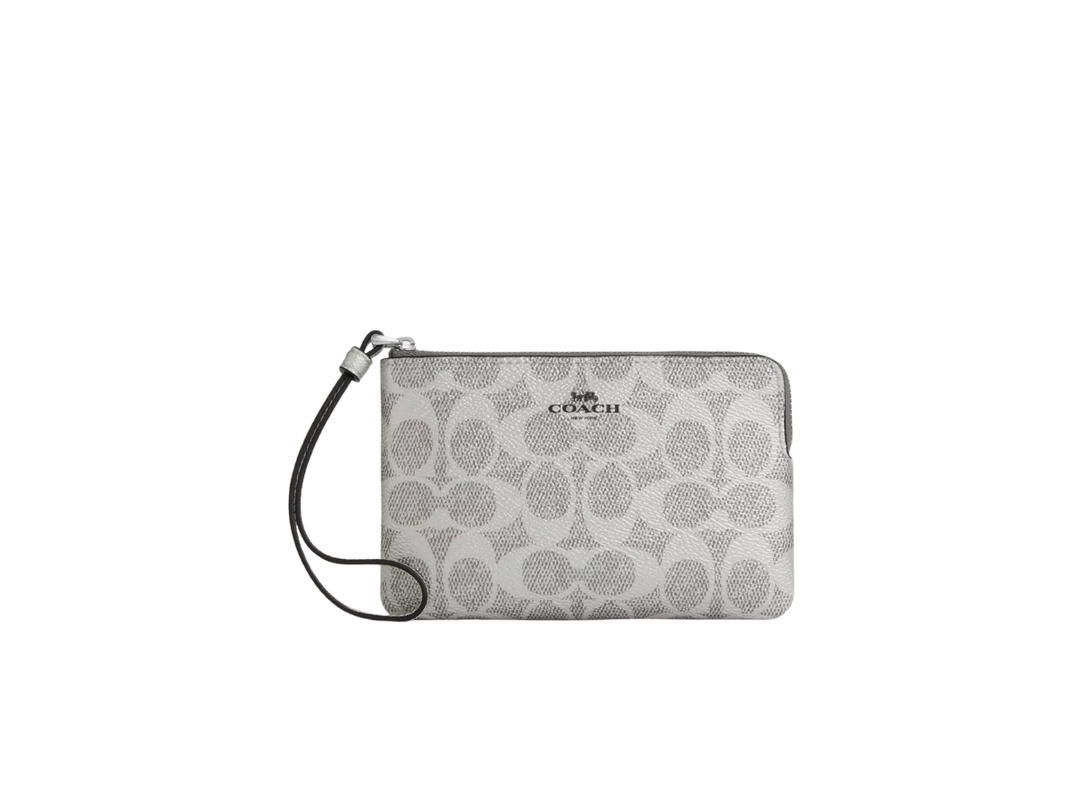Coach Coach Corner Zip Wristlet In Signature Canvas Grey Silver