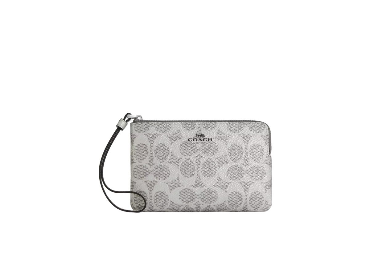 Coach Coach Corner Zip Wristlet In Signature Canvas Grey Silver