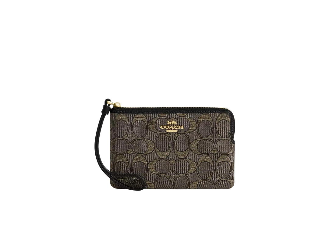 Coach Coach Corner Zip Wristlet In Signature Jacquard Charcoal Gold