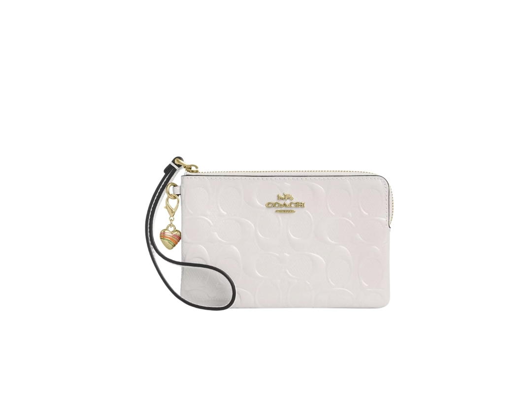 Coach Coach Corner Zip Wristlet In Signature Leather With Heart Charm Chalk