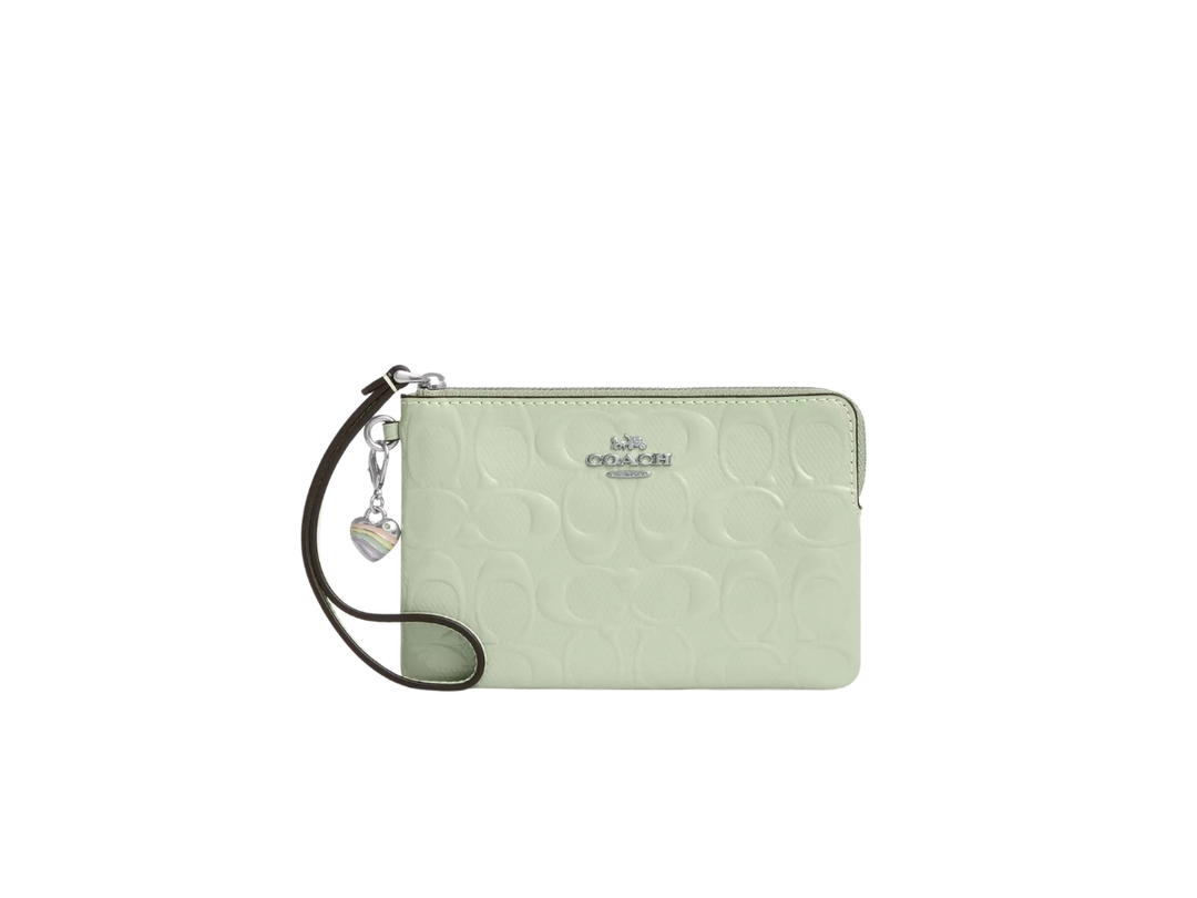 Coach Coach CCorner Zip Wristlet In Signature Leather With Heart Charm Pale Green