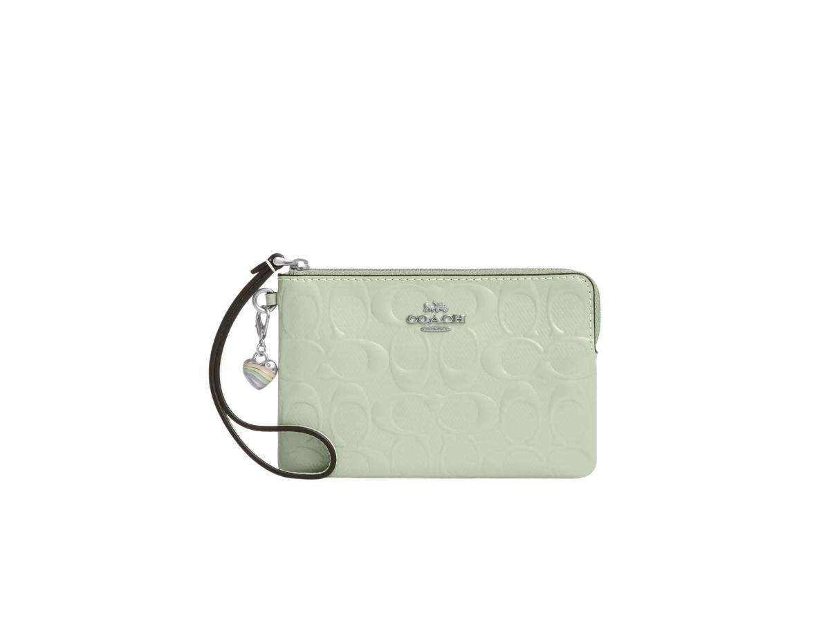 Coach Coach CCorner Zip Wristlet In Signature Leather With Heart Charm Pale Green
