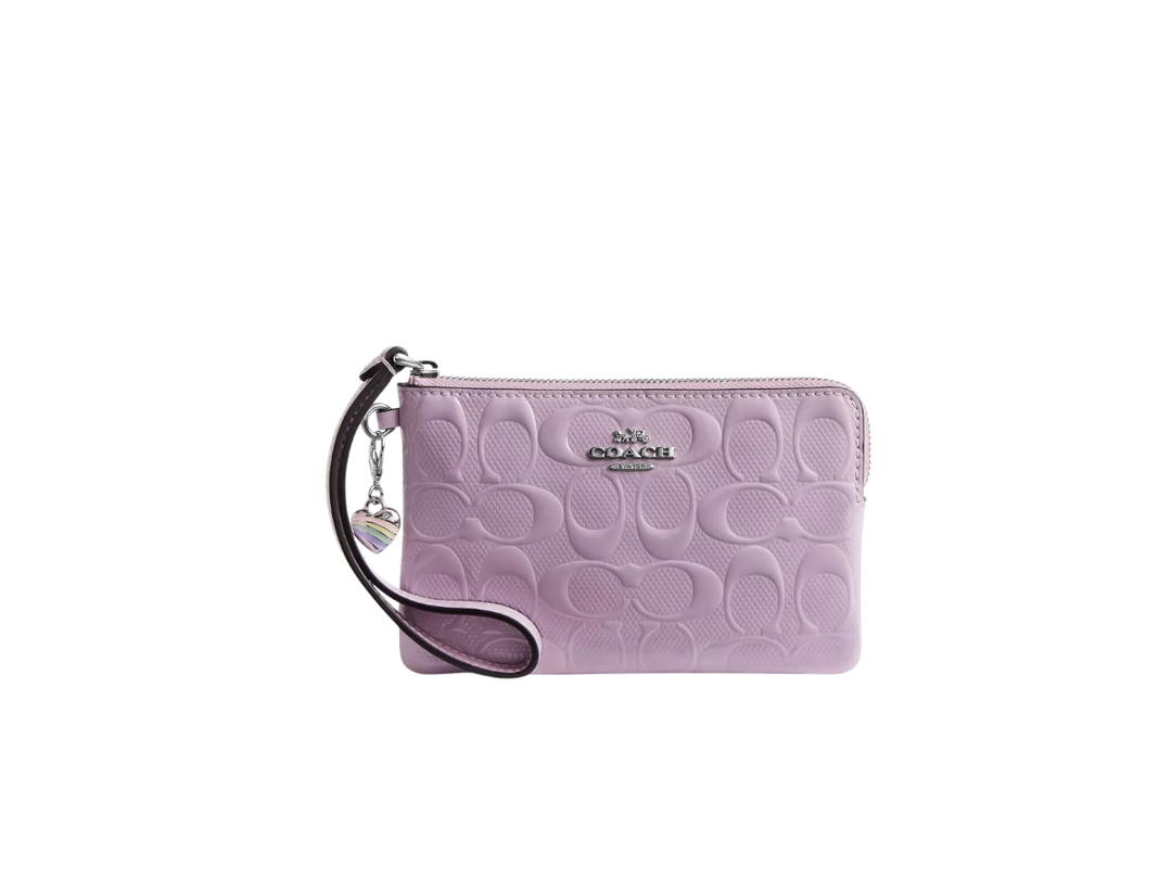 Coach Coach Corner Zip Wristlet In Signature Leather With Heart Charm Light Violet