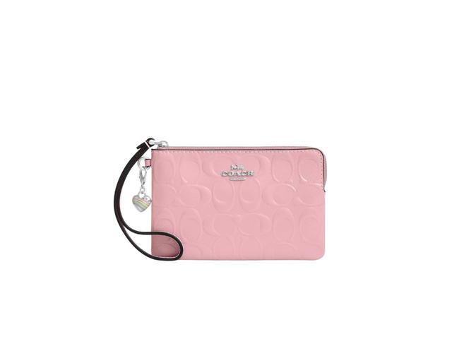 Coach Coach Corner Zip Wristlet In Signature Leather With Heart Charm Pink - view 1