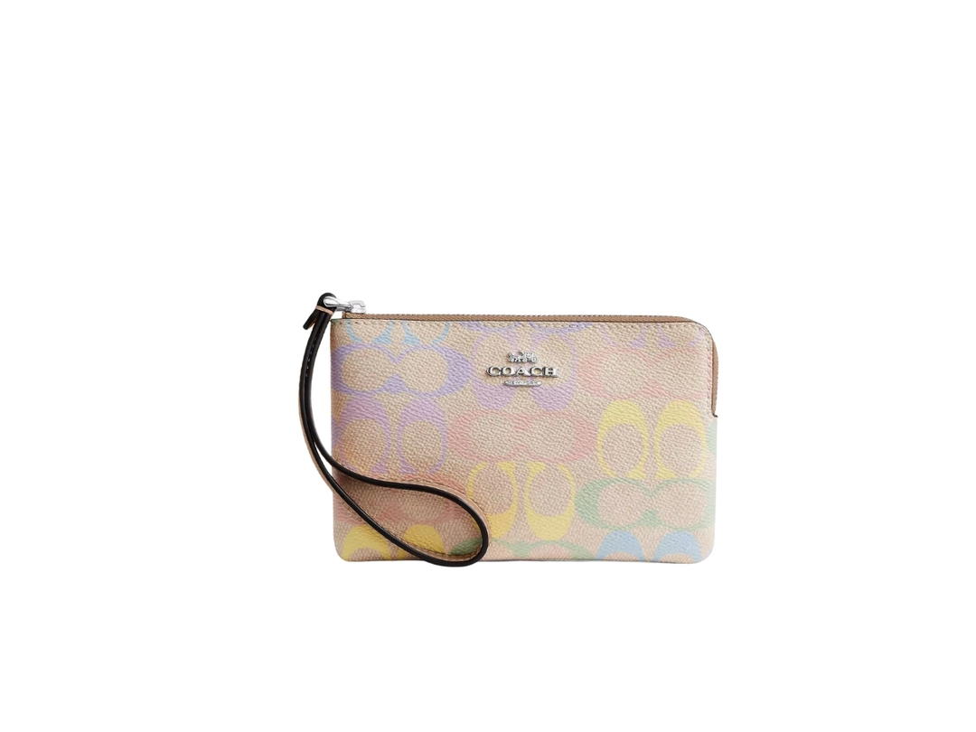 Coach Coach Corner Zip Wristlet In Rainbow Signature Canvas Sand