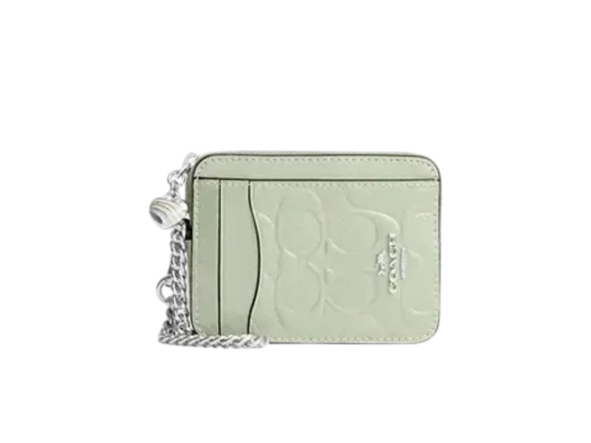 Coach Coach Zip Card Case In Signature Leather With Heart Charm Pale Green