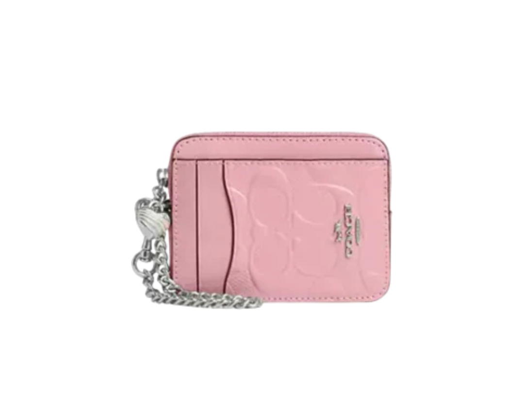 Coach Coach Zip Card Case In Signature Leather With Heart Charm Pink