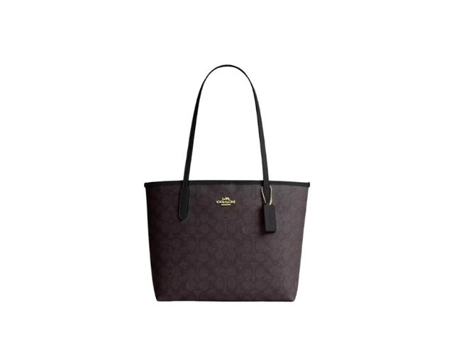 Coach Coach Medium City Tote Bag In Signature Canvas Walnut Black - view 1