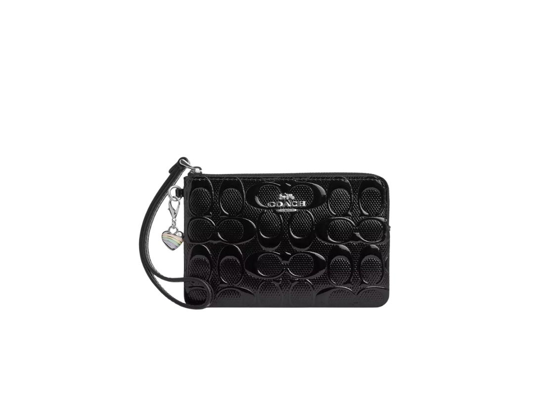 Coach Coach Corner Zip Wristlet In Signature Leather With Heart Charm Patent