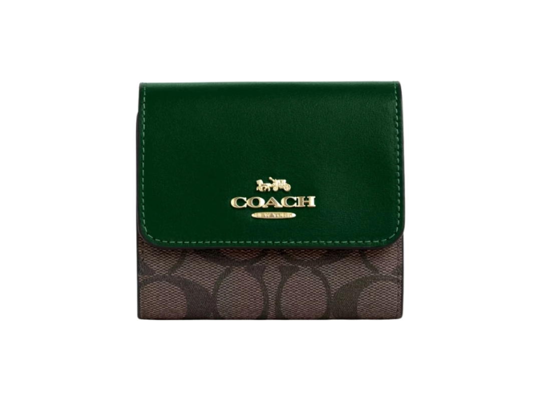 Coach Coach Small Trifold Wallet In Blocked Signature Canvas Brown Dark Pine