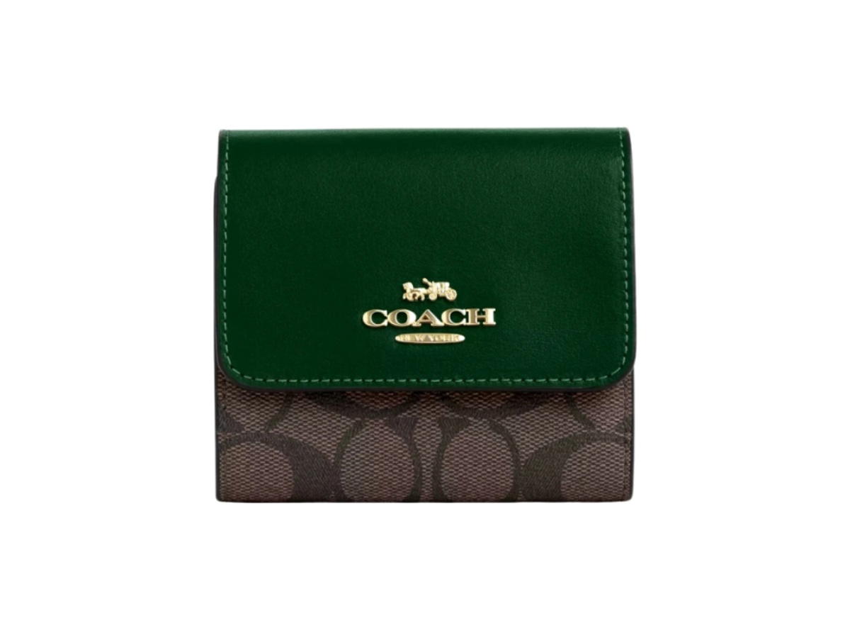 Coach Coach Small Trifold Wallet In Blocked Signature Canvas Brown Dark Pine