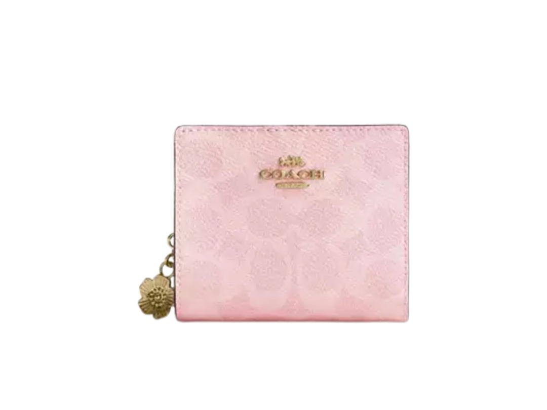 Coach Coach Snap Wallet In Signature Canvas With Charm Gold Powder Pink