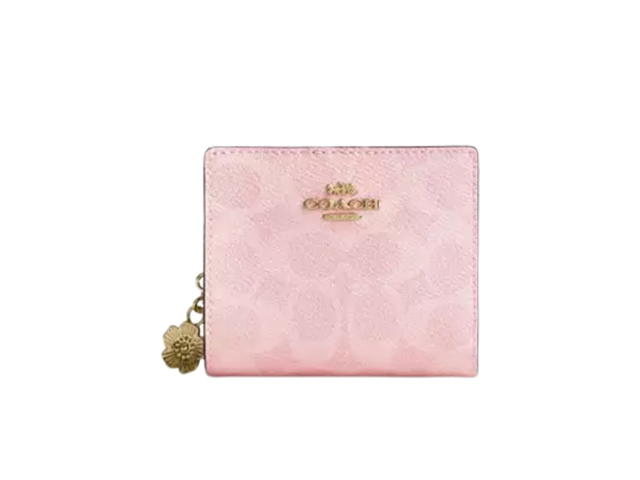 Coach Coach Snap Wallet In Signature Canvas With Charm Gold Powder Pink - view 1