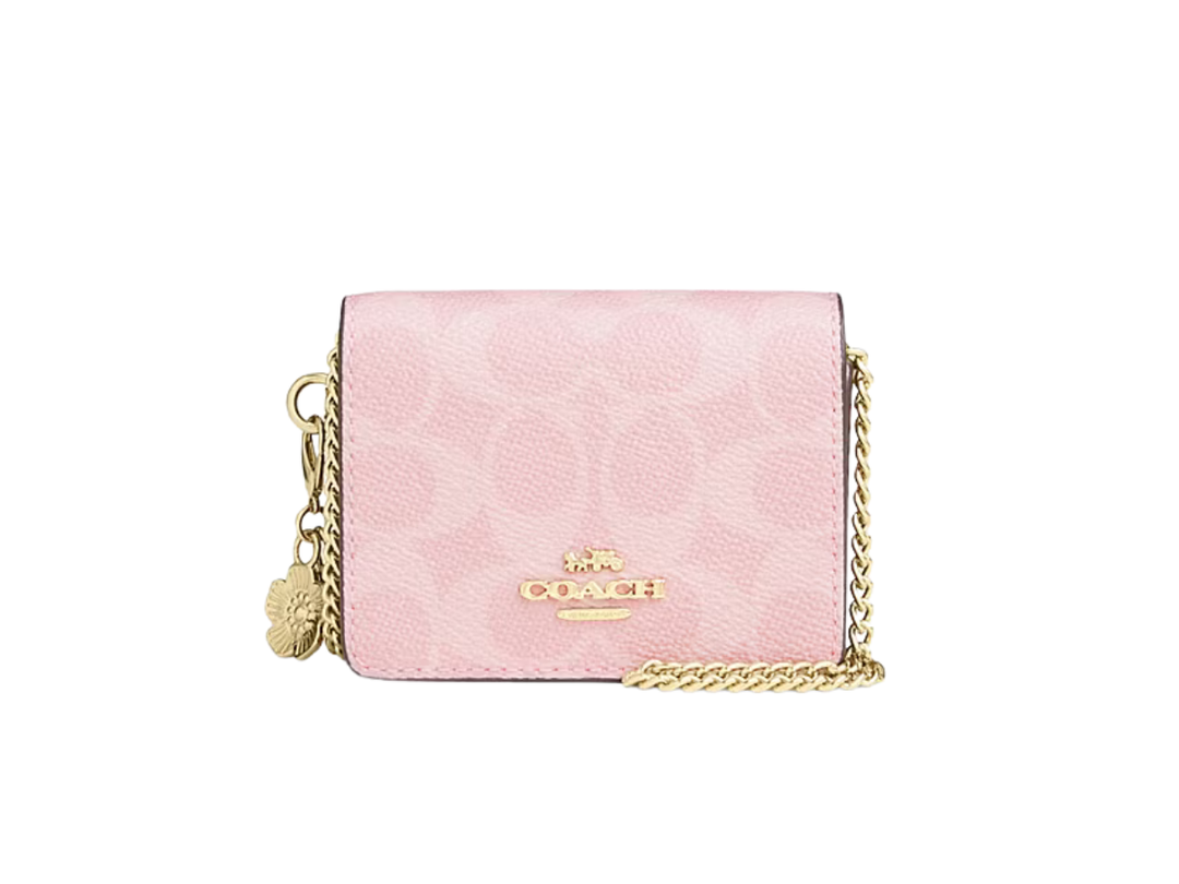 Coach Coach Mini Wallet On a Chain In Signature Canvas Powder Pink