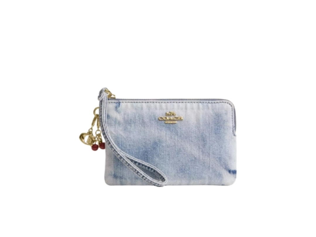 Coach Coach Corner Zip Wristlet In Loved Denim With Charms Light Indigo