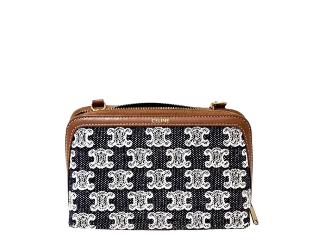 Celine Celine Triomphe Crossbody Bag In Denim Monogram With Tan Leather With Gold Hardware