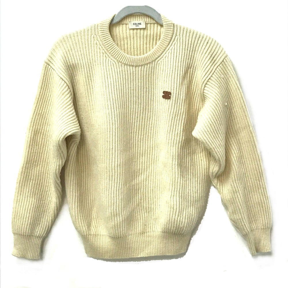 Celine CELINE 2A68E355K Triomphe sweater Long sleeve knit sweater wool BeigeIvoryBased