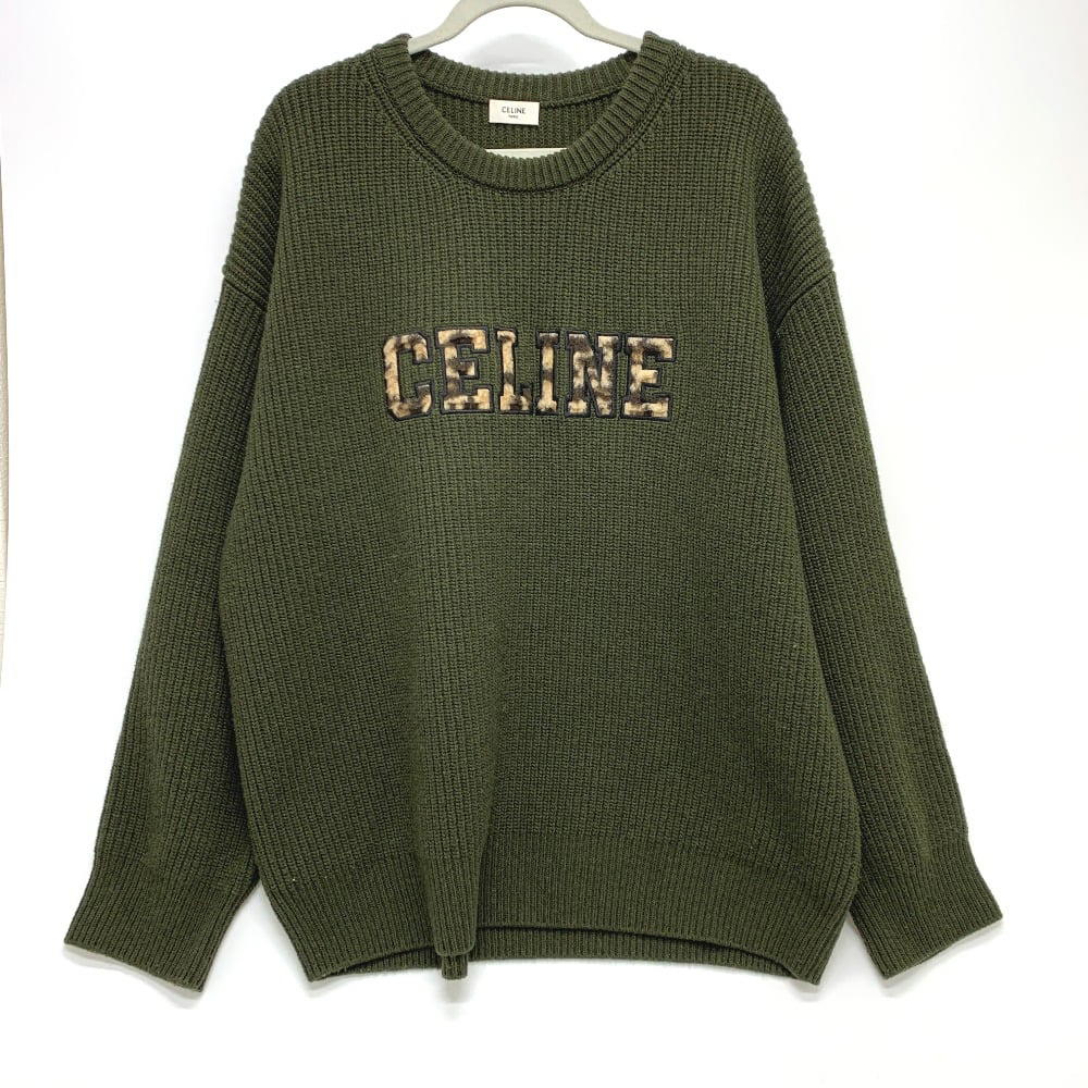Celine CELINE 2AB97 logo Leopard rib netting sweater wool khaki