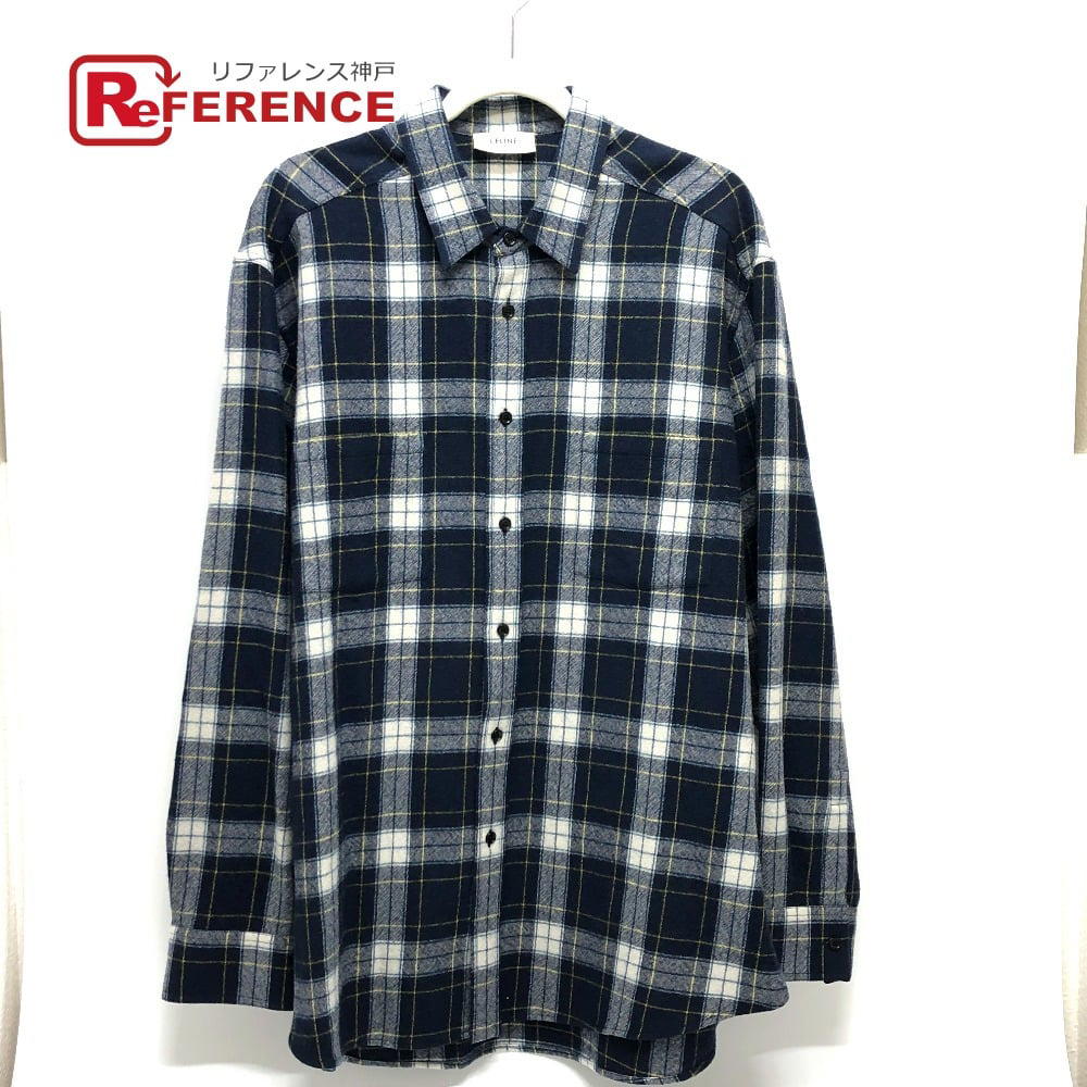 Celine CELINE 2C555198O check Checked Wool Loose Shirt Long sleeve shirt wool Navy
