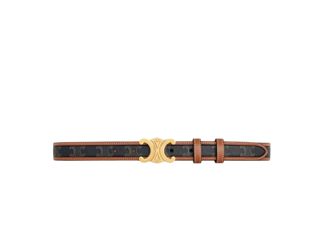 Celine Celine Border Triomphe Belt Medium 25MM In Triomphe Canvas And Calfskin With Triomphe Buckle Gold Finishing Tan
