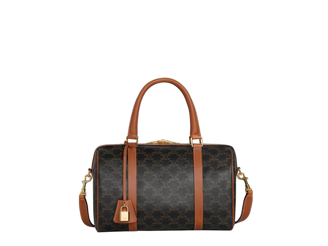 Celine Celine Boston Bag In Triomphe Canvas And Calfskin With Gold Finishing Hardware Tan