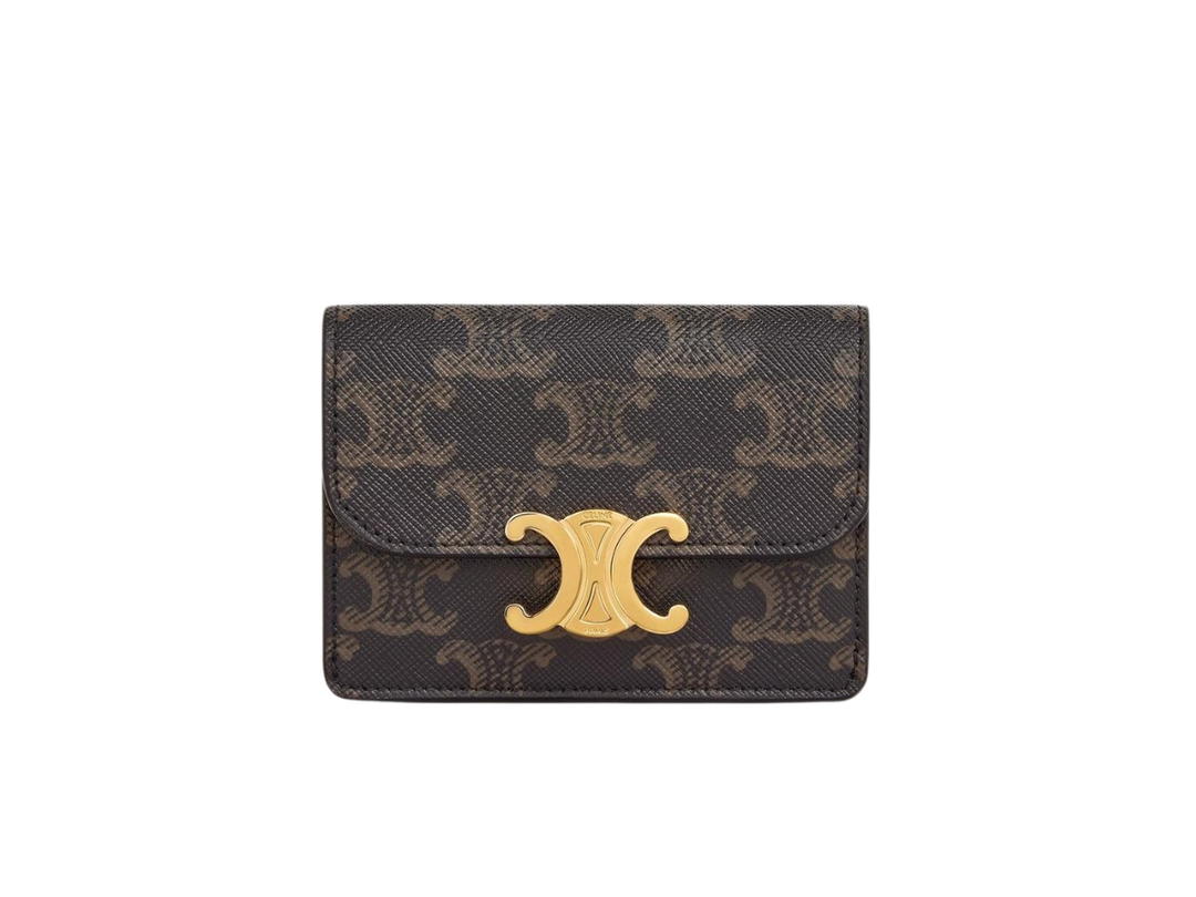 Celine Celine Card Holder Triomphe In Triomphe Canvas With Gold Finishing Tan