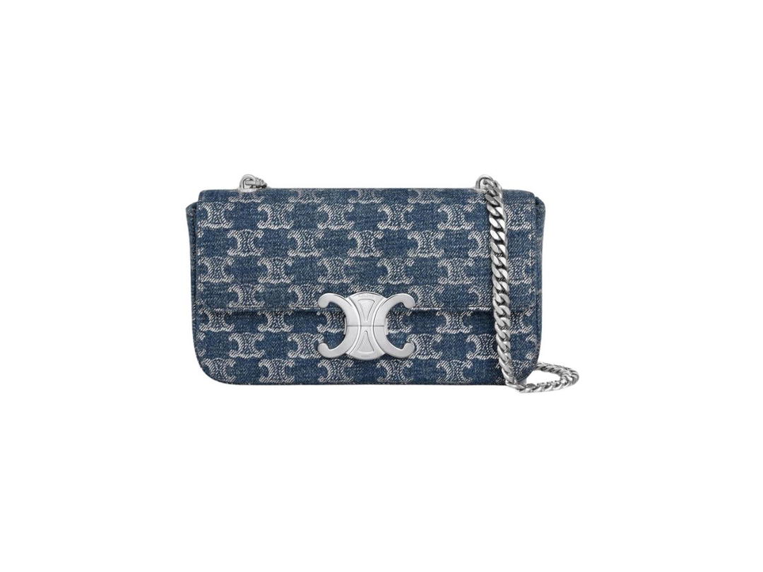 Celine Celine Chain Shoulder Bag Claude In Denim With Triomphe All-Over Denim-Silver