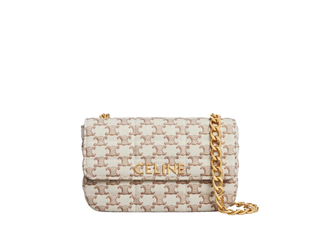 Celine Celine Chain Shoulder Bag Matelasse Monochrome Celine In Textile With Triomphe Canvas Print With Gold Finishing White