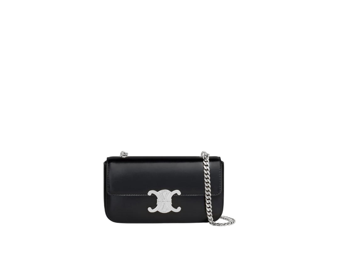 Celine Celine Chain Shoulder Bag Triomphe In Shiny Calfskin With Silver Finishing Hardware Black