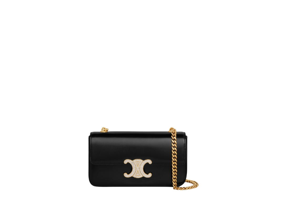 Celine Celine Chain Shoulder Bag Triomphe With Strass Closure In Shiny Calfskin With Gold Finishing Hardware Black