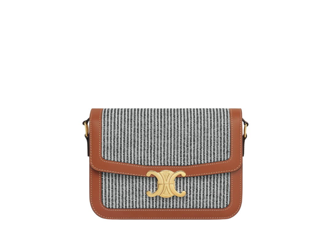 Celine Celine Classique Triomphe Bag In Striped Textile And Calfskin With Gold Finishing Anthracite