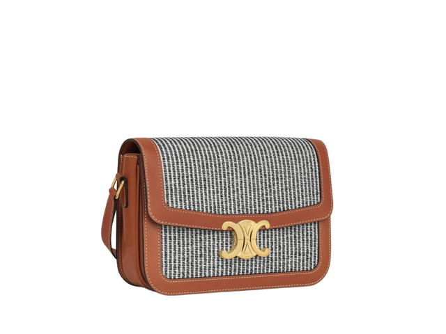 Celine Celine Classique Triomphe Bag In Striped Textile And Calfskin With Gold Finishing Anthracite - view 3