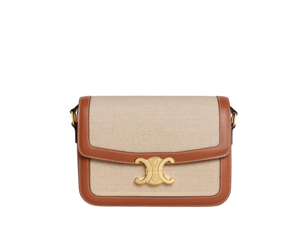Celine Celine Classique Triomphe Bag In Textile And Calfskin With Triomphe Metallic Closure Natural Tan