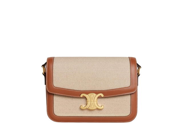 Celine Celine Classique Triomphe Bag In Textile And Calfskin With Triomphe Metallic Closure Natural Tan - view 1