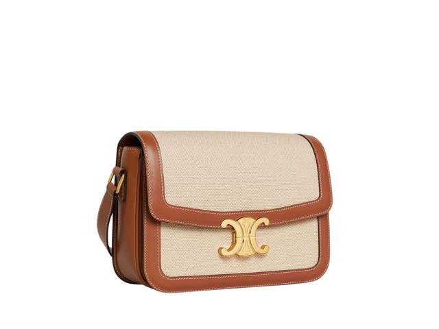 Celine Celine Classique Triomphe Bag In Textile And Calfskin With Triomphe Metallic Closure Natural Tan - view 3