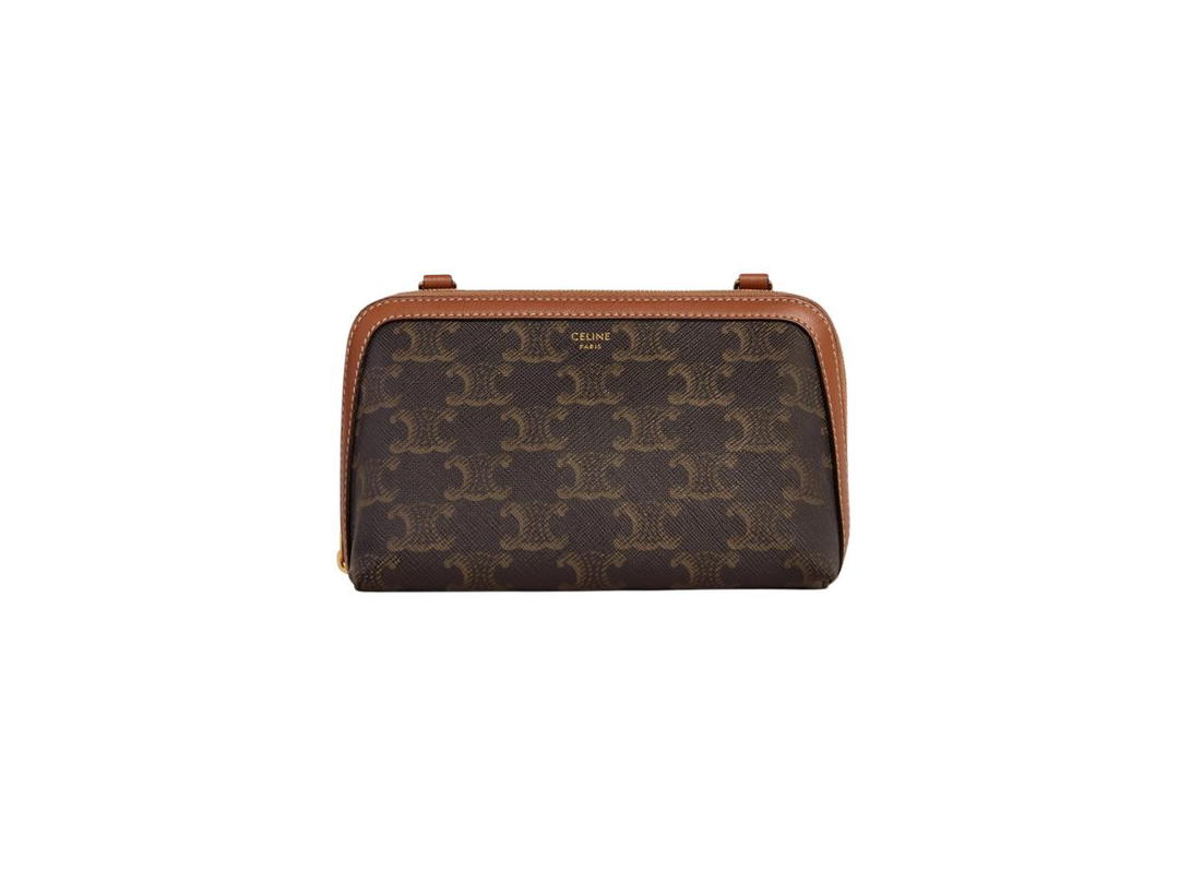 Celine Celine Clutch With Chain In Triomphe Canvas And Lambskin With Gold Finishing Tan