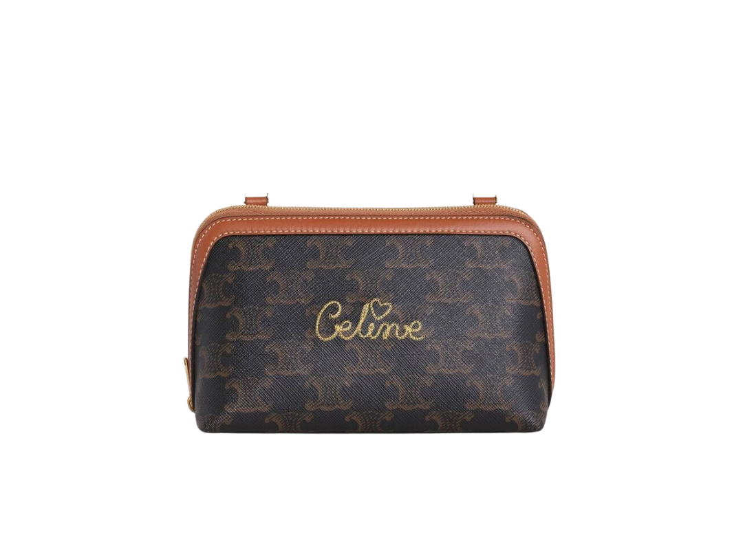 Celine Celine Clutch With Chain In Triomphe Canvas And Lambskin With Embroidered Celine Gold Finishing Tan
