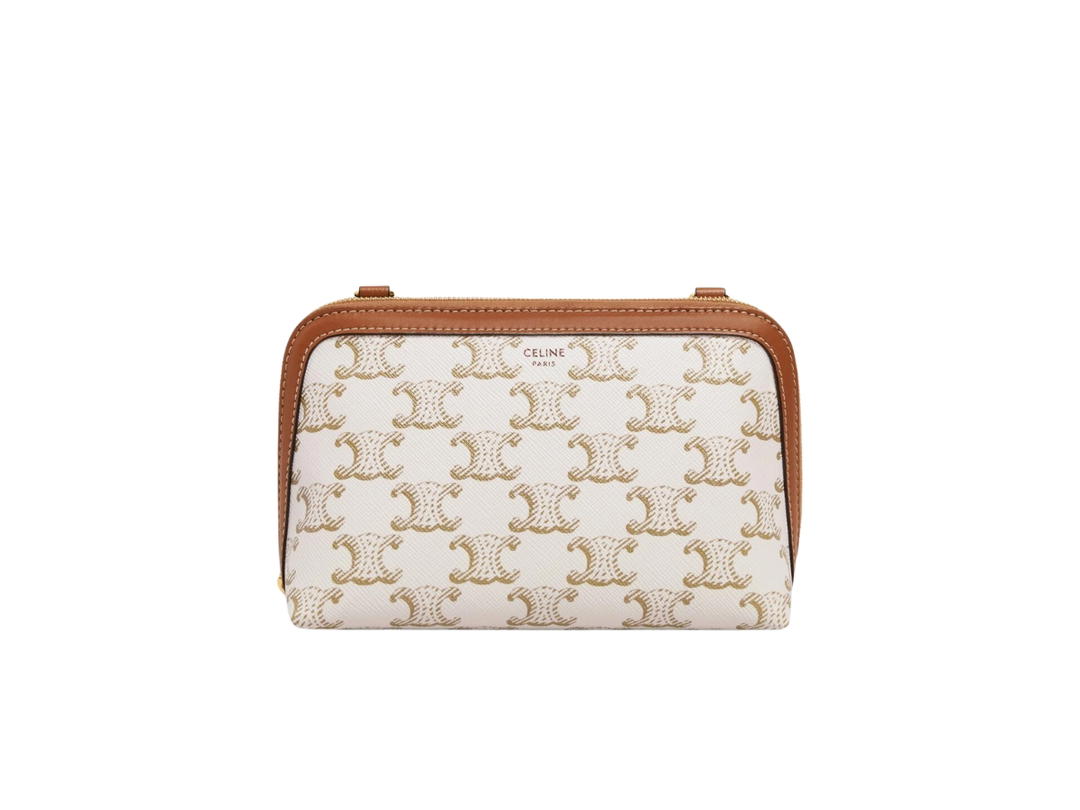 Celine Celine Clutch With Chain In Triomphe Canvas And Lambskin With Gold Finishing White Tan