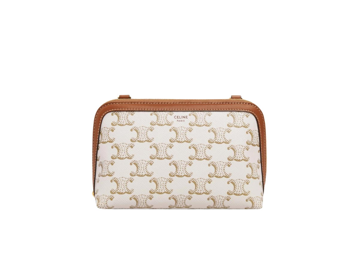 Celine Celine Clutch With Chain In Triomphe Canvas And Lambskin With Gold Finishing White Tan