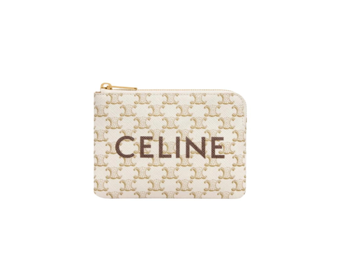 Celine Celine Coin and Card Pouch In Triomphe Canvas With Gold Finishing White
