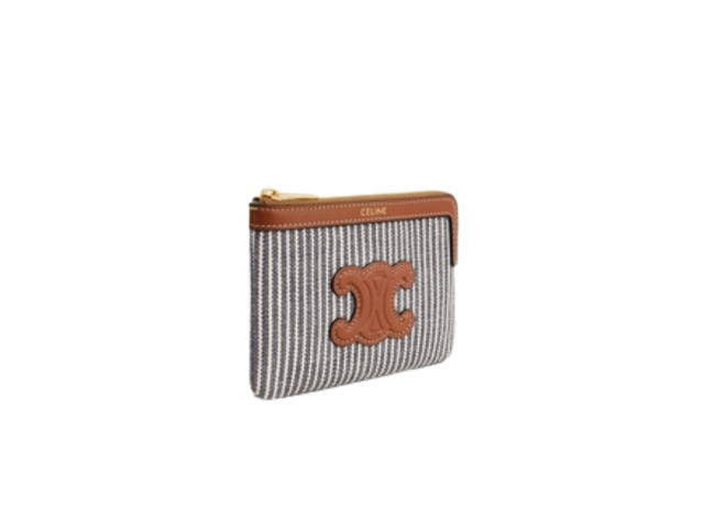 Celine Celine Coin Pouch In Striped Textile And Calfskin With Gold Tone Hardware Navy Blue - view 2