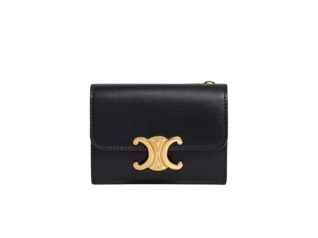 Celine Celine Compact Wallet With Coin Triomphe In Shiny Calfskin With Gold Finishing Black