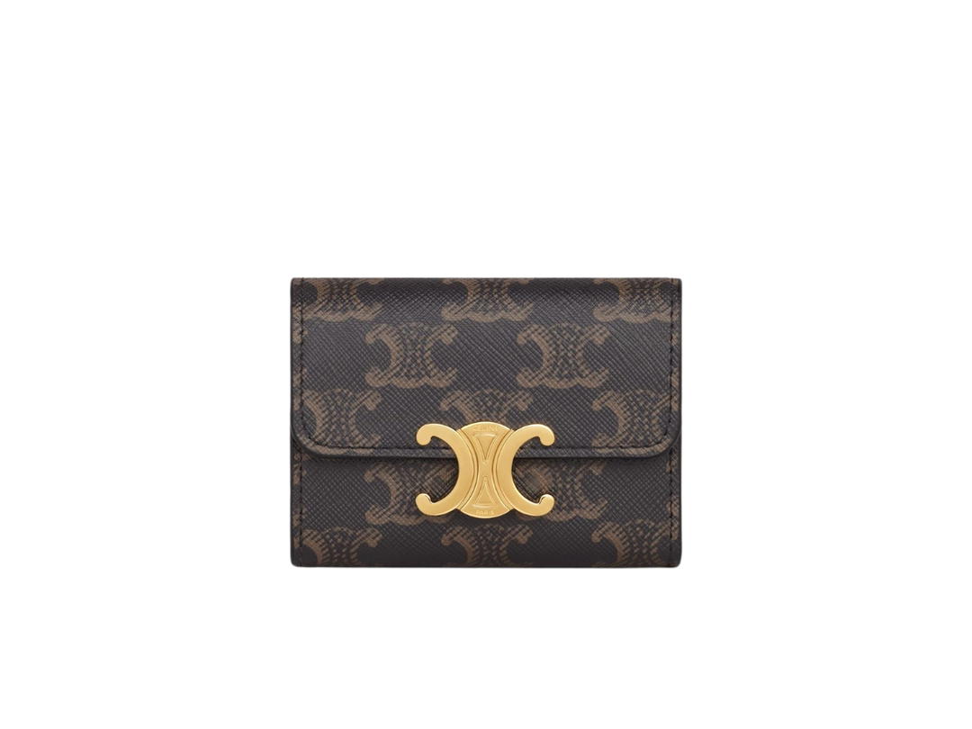 Celine Celine Compact Wallet With Coin Triomphe In Triomphe Canvas With Gold Finishing Tan