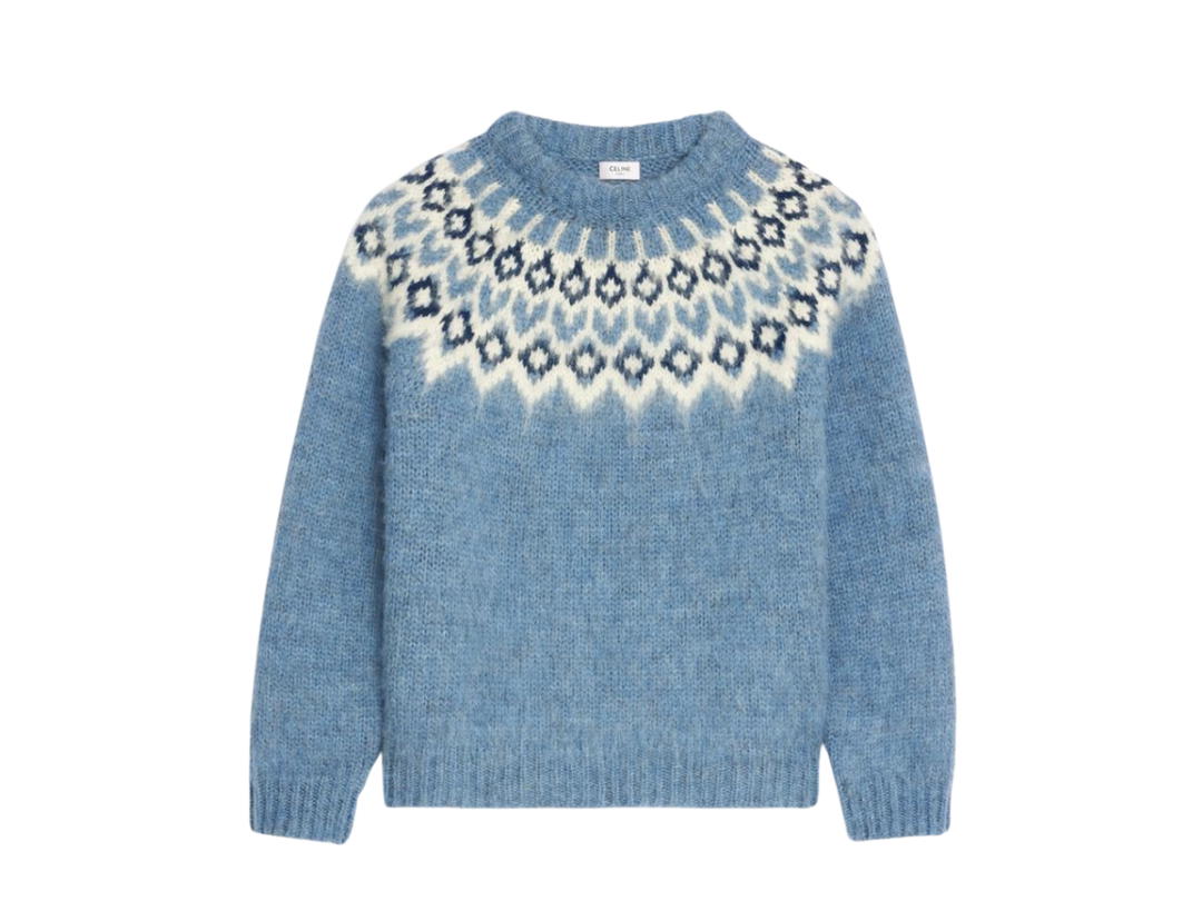 Celine Celine Crew Neck Sweater In Brushed Fair Isle Wool Blue