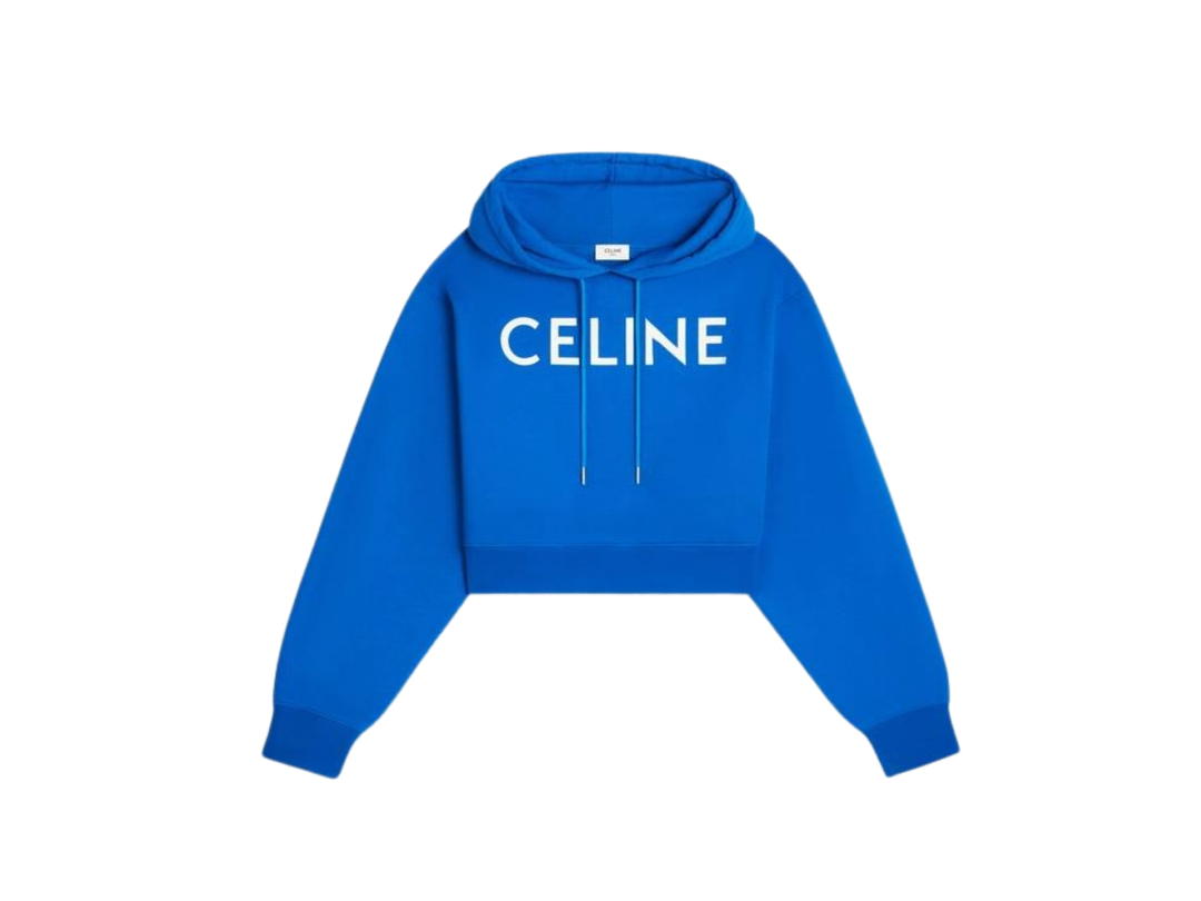 Celine Celine Cropped Hoodie In Cotton Fleece Bleu Paon Off White