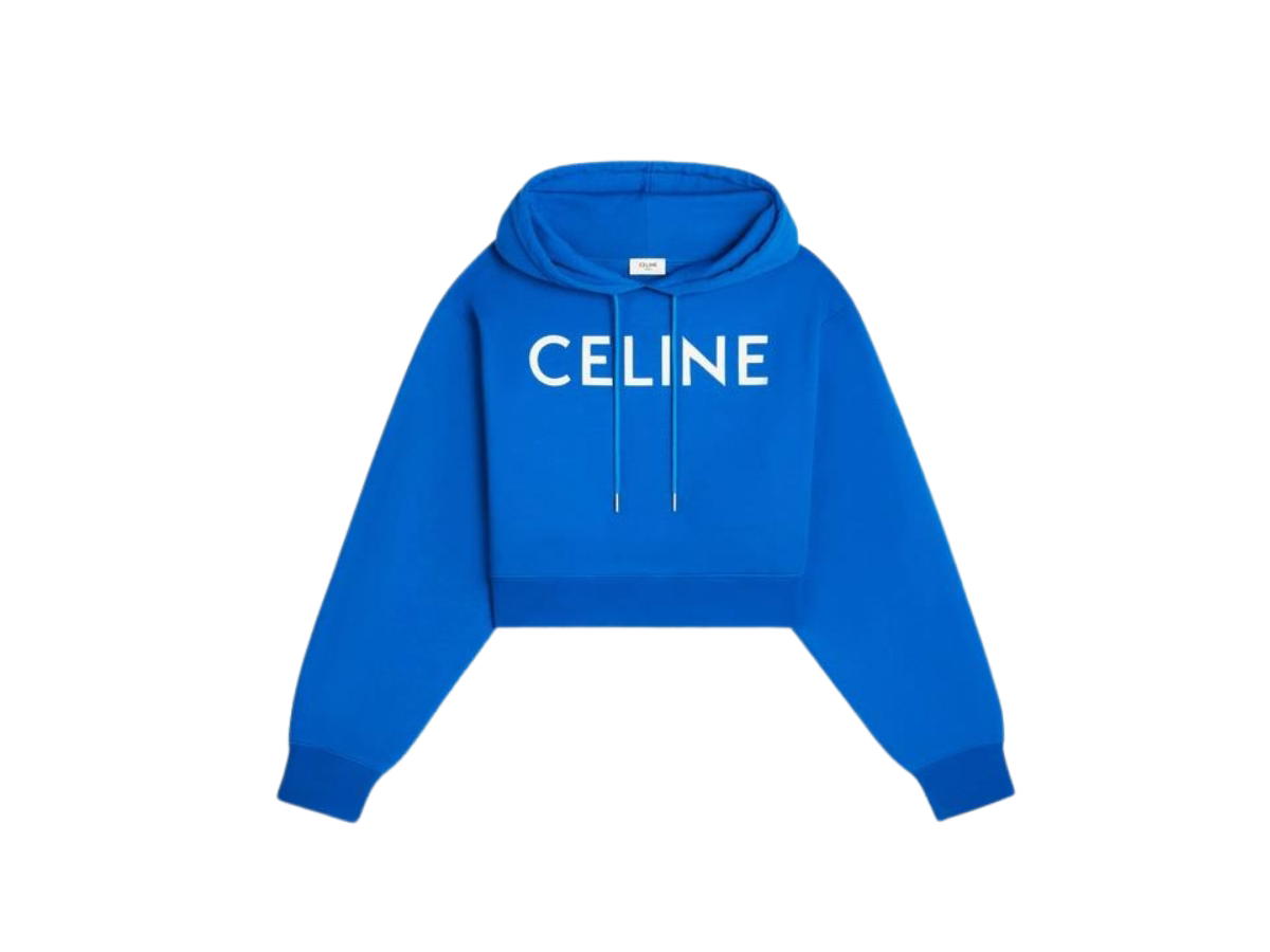 Celine Celine Cropped Hoodie In Cotton Fleece Bleu Paon Off White