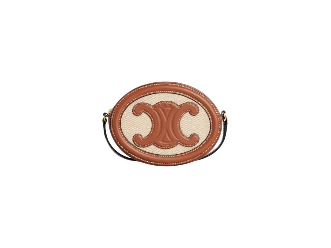 Celine Celine Crossbody Oval Purse Cuir Triomphe In Textile And Calfskin Natural Tan