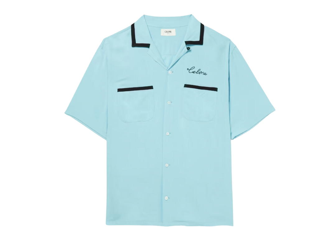 Celine Celine Homme Camp-Collar Logo-Embroidered Twill Shirt Light Blue