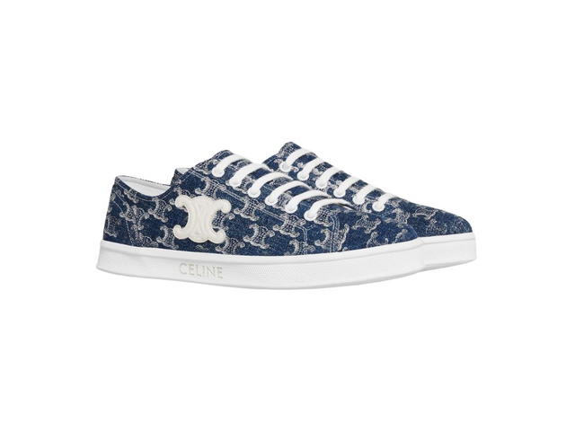 Celine Celine Jane Low Lace-Up Sneaker With Triomphe Patch In Triomphe Printed Denim And Calfskin Blue-Silver (W) - view 2