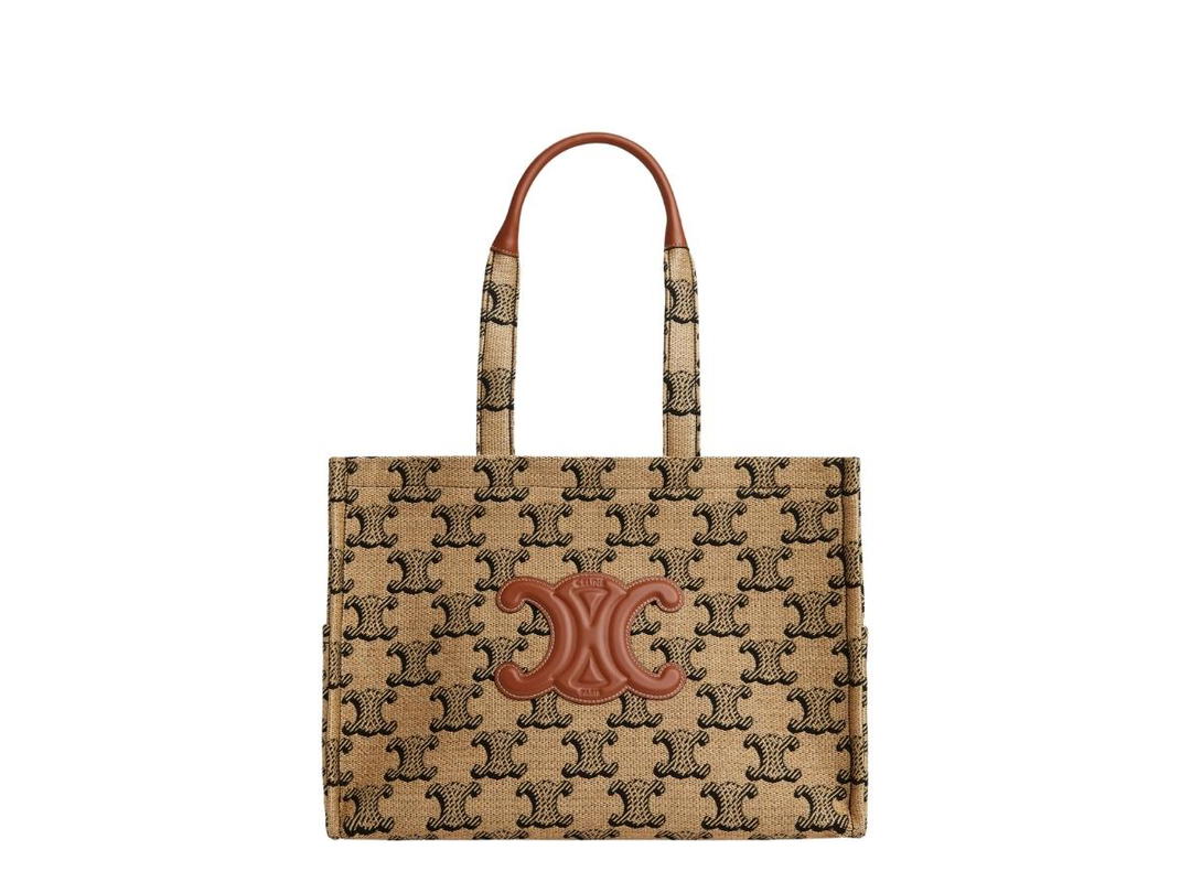 Celine Celine Large Cabas Thais In Raffia Jacquard Triomphe And Calfskin Tan